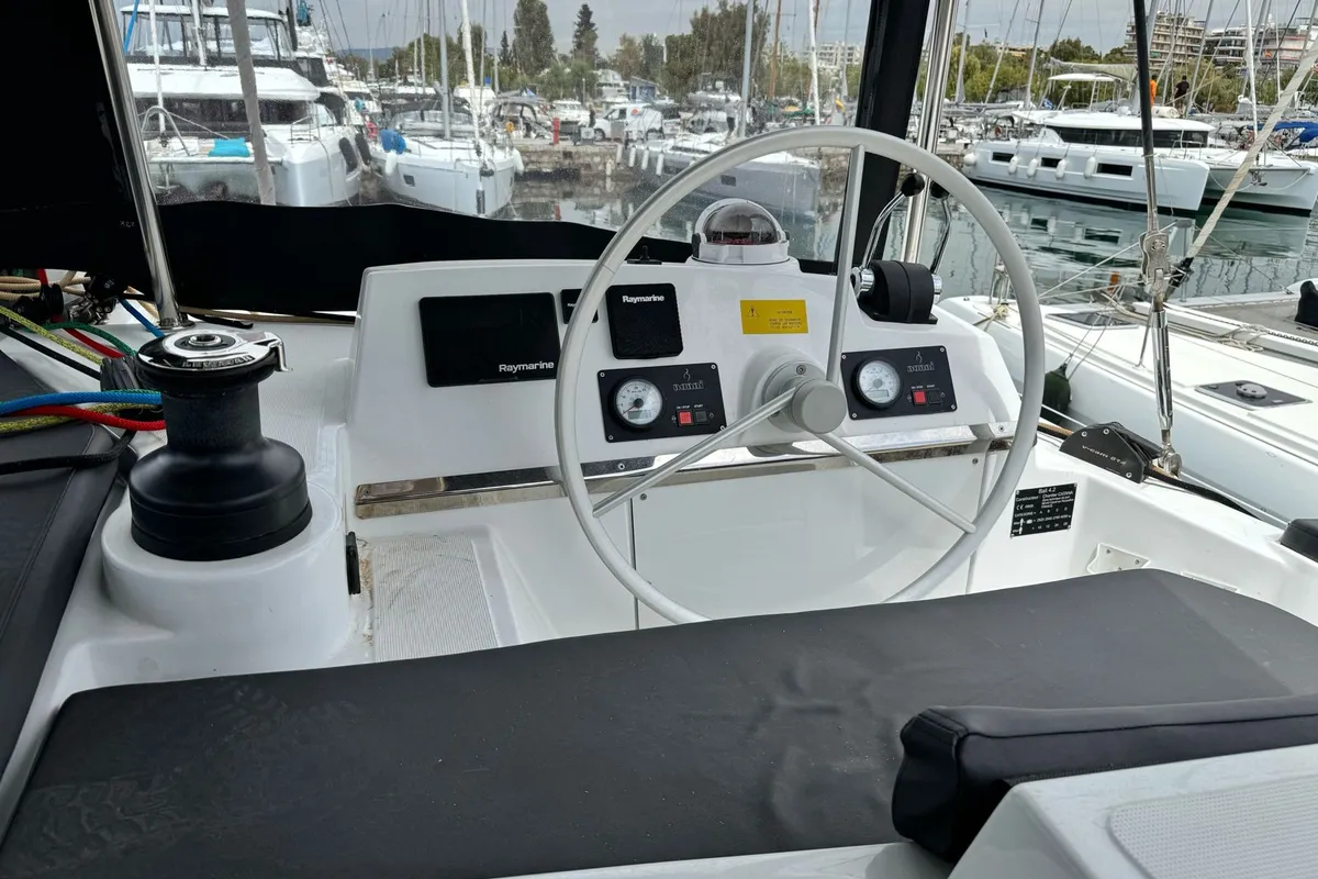 Cockpit of Infinity, a Bali 4.2 catamaran at Athens, Greece