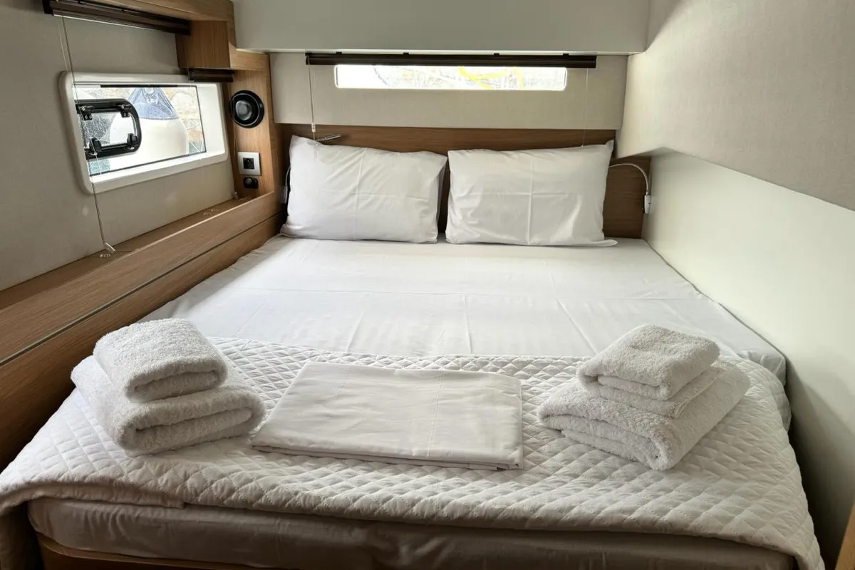Cabin on Infinity, a Bali 4.2 catamaran at Athens, Greece