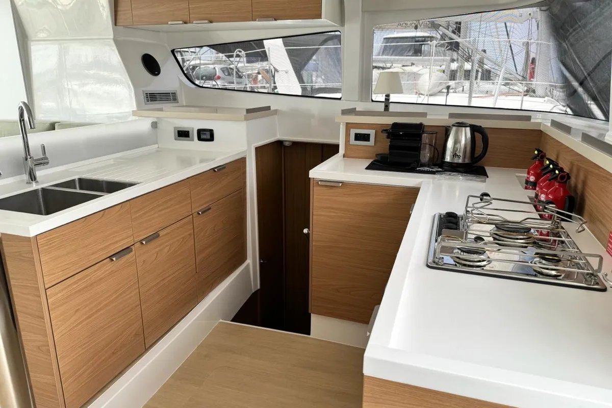 Galley of Infinity, a Bali 4.2 catamaran at Athens, Greece
