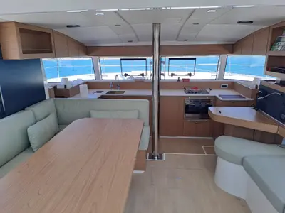 Salon of Filippos III, a Bali Catsmart catamaran at Zakynthos Municipal Unit, Greece