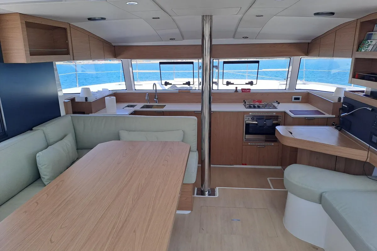 Salon of Filippos III, a Bali Catsmart catamaran at Zakynthos Municipal Unit, Greece