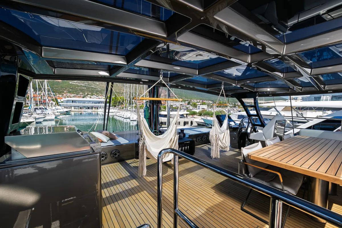 Deck of Ahalya, a Sunreef 60 catamaran at Kaštela, Croatia