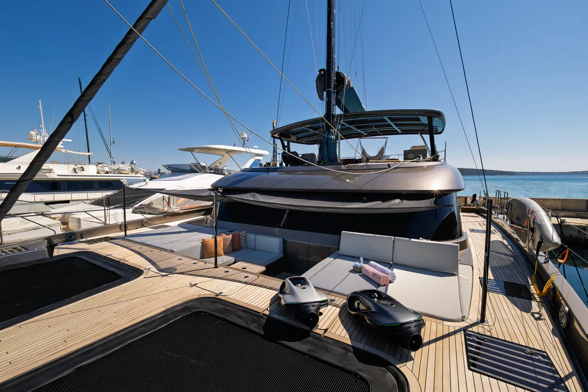 Deck of Ahalya, a Sunreef 60 catamaran at Kaštela, Croatia