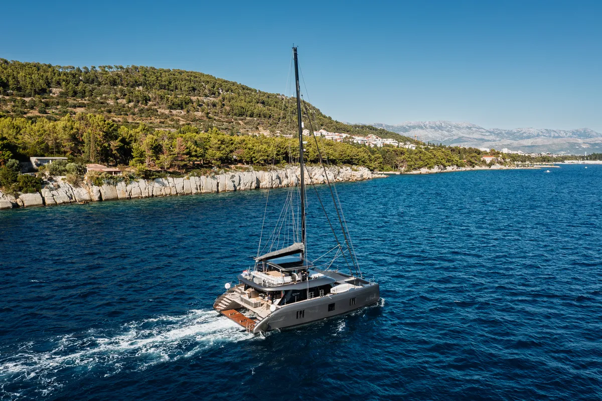 Exterior view of Ahalya, a Sunreef 60 catamaran at Kaštela, Croatia