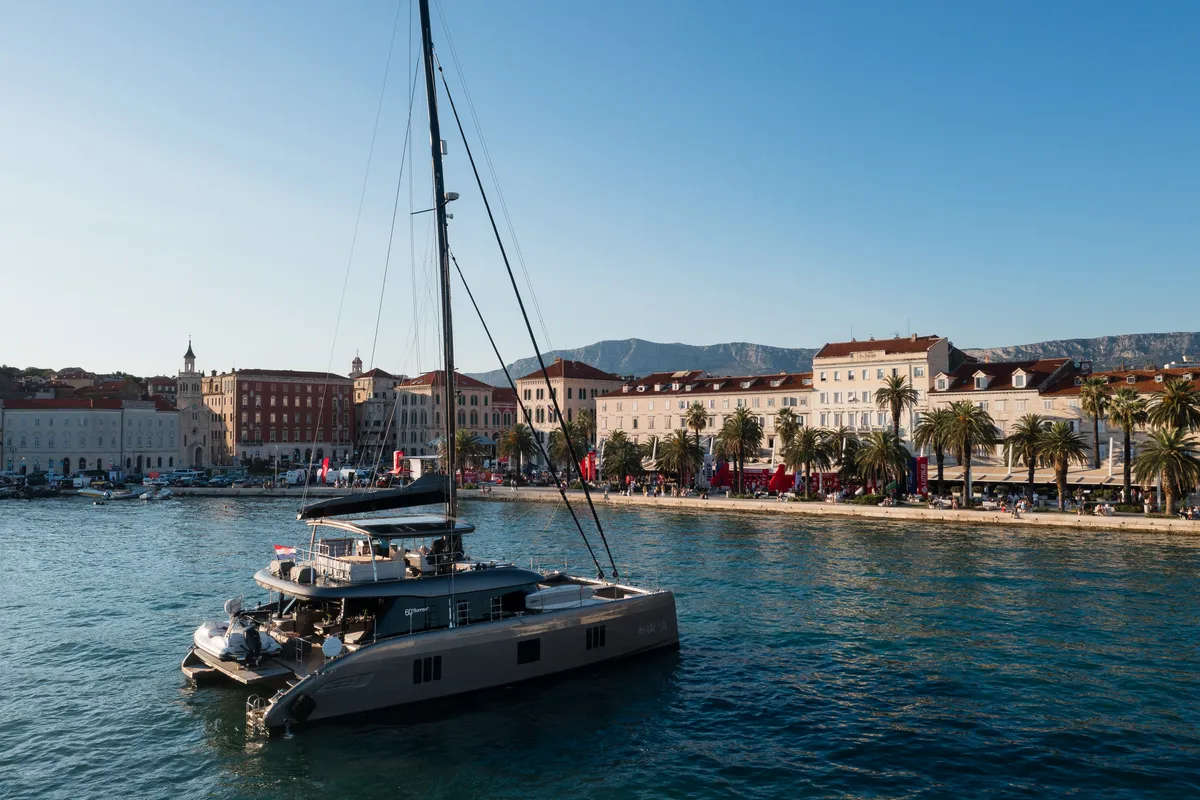 Exterior view of Ahalya, a Sunreef 60 catamaran at Kaštela, Croatia