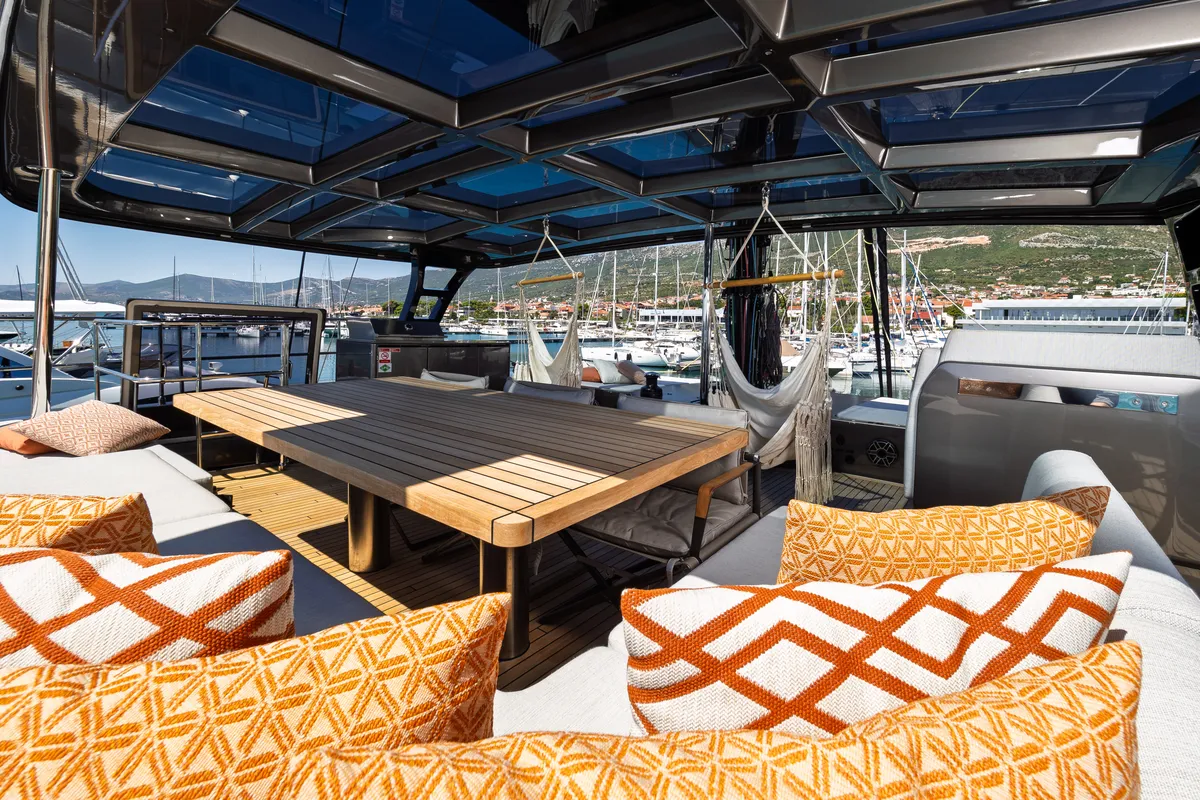 Deck of Ahalya, a Sunreef 60 catamaran at Kaštela, Croatia