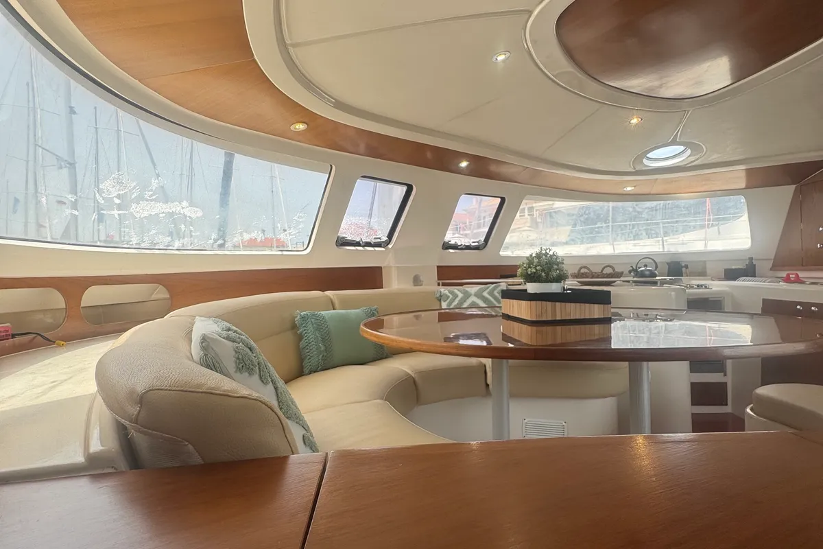 Salon of Artemis K, a Fountaine Pajot Belize 43 catamaran at Municipal Unit of Lefkada, Greece
