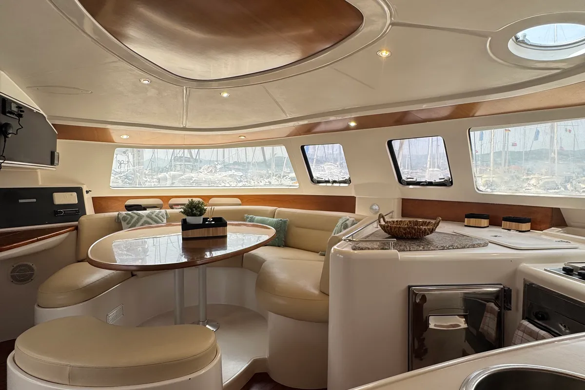 Salon of Artemis K, a Fountaine Pajot Belize 43 catamaran at Municipal Unit of Lefkada, Greece