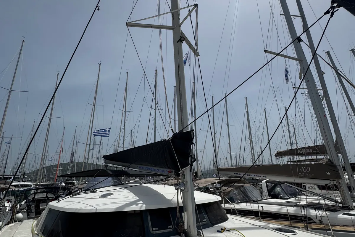 Exterior view of Artemis K, a Fountaine Pajot Belize 43 catamaran at Municipal Unit of Lefkada, Greece