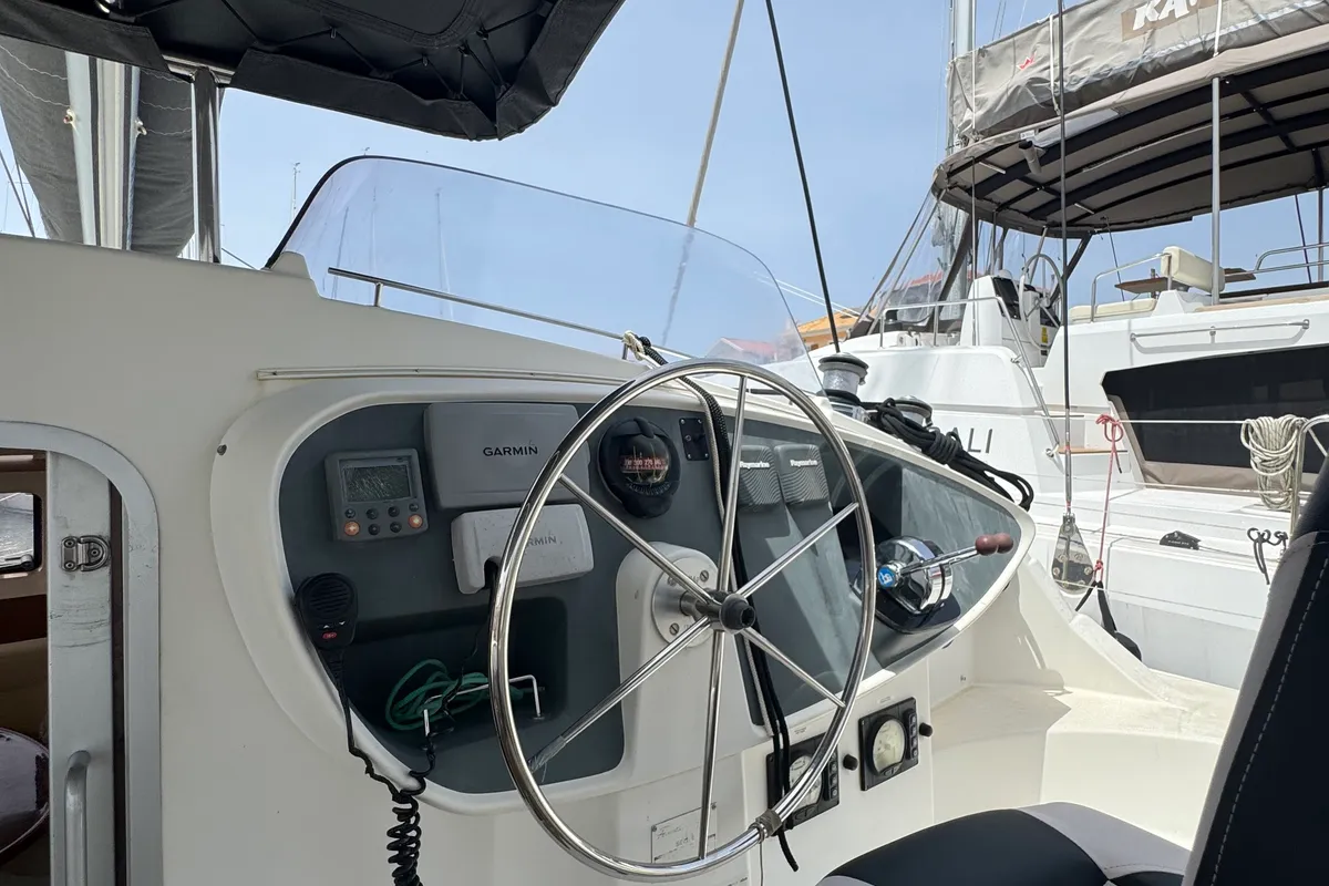 Cockpit of Artemis K, a Fountaine Pajot Belize 43 catamaran at Municipal Unit of Lefkada, Greece