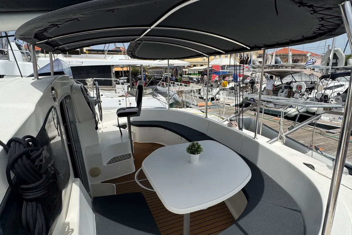 Cockpit of Artemis K, a Fountaine Pajot Belize 43 catamaran at Municipal Unit of Lefkada, Greece