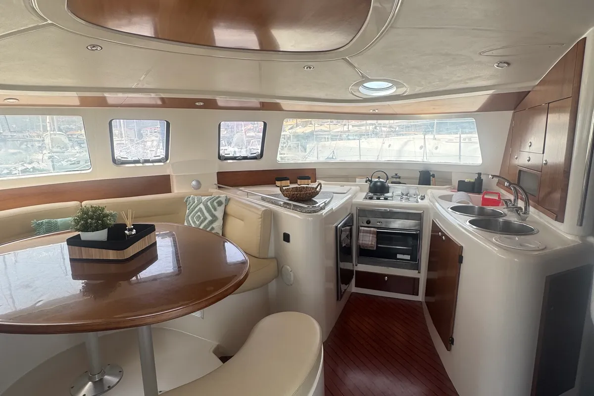 Salon of Artemis K, a Fountaine Pajot Belize 43 catamaran at Municipal Unit of Lefkada, Greece