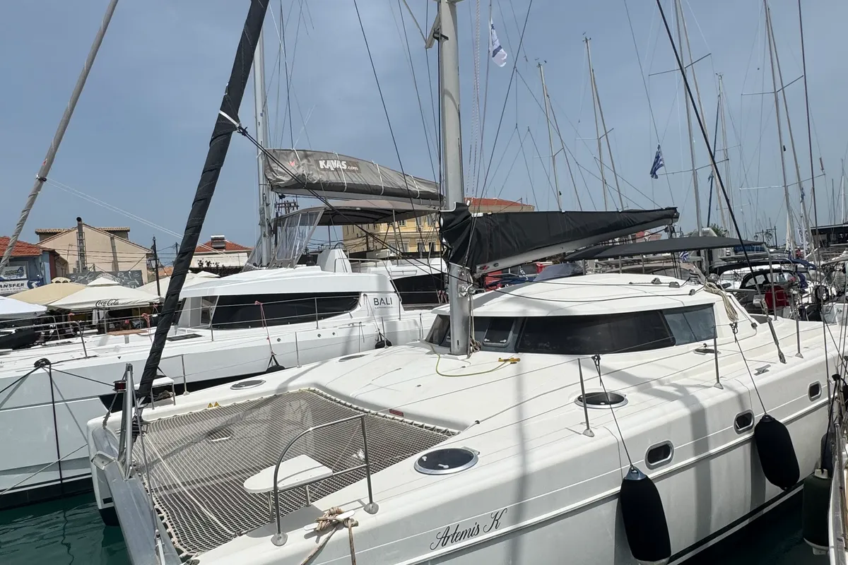 Exterior view of Artemis K, a Fountaine Pajot Belize 43 catamaran at Municipal Unit of Lefkada, Greece