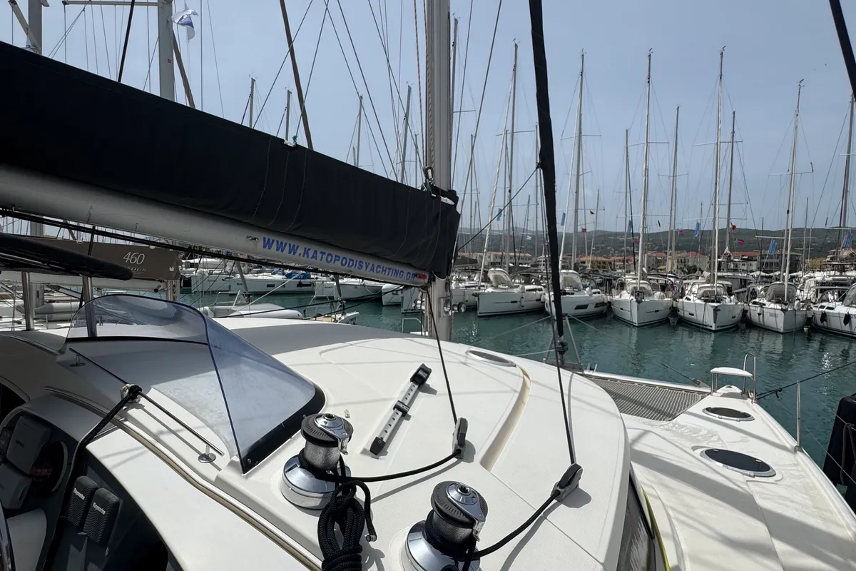Deck of Artemis K, a Fountaine Pajot Belize 43 catamaran at Municipal Unit of Lefkada, Greece
