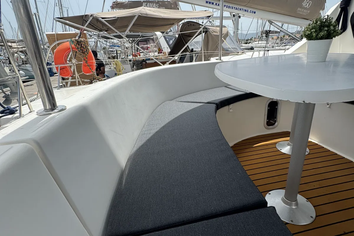 Deck of Artemis K, a Fountaine Pajot Belize 43 catamaran at Municipal Unit of Lefkada, Greece