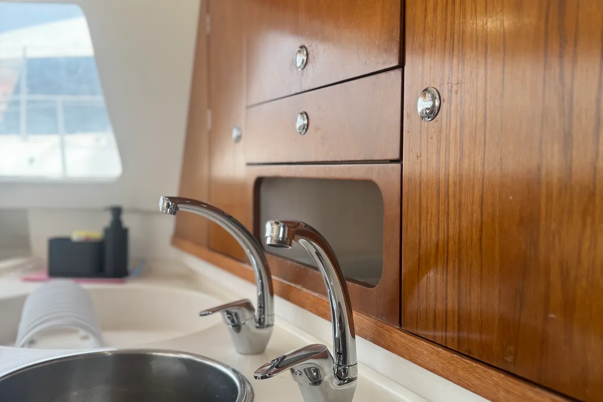 Galley of Artemis K, a Fountaine Pajot Belize 43 catamaran at Municipal Unit of Lefkada, Greece