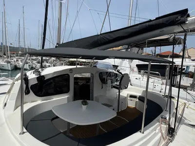 Cockpit of Artemis K, a Fountaine Pajot Belize 43 catamaran at Municipal Unit of Lefkada, Greece