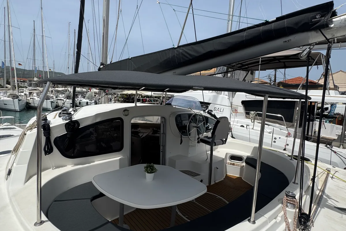 Cockpit of Artemis K, a Fountaine Pajot Belize 43 catamaran at Municipal Unit of Lefkada, Greece