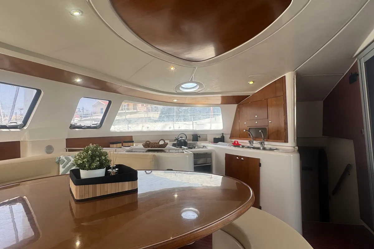 Salon of Artemis K, a Fountaine Pajot Belize 43 catamaran at Municipal Unit of Lefkada, Greece
