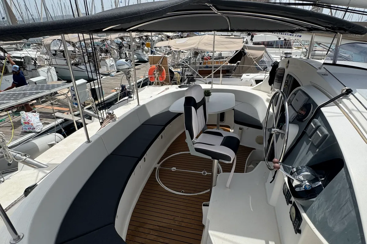 Deck of Artemis K, a Fountaine Pajot Belize 43 catamaran at Municipal Unit of Lefkada, Greece