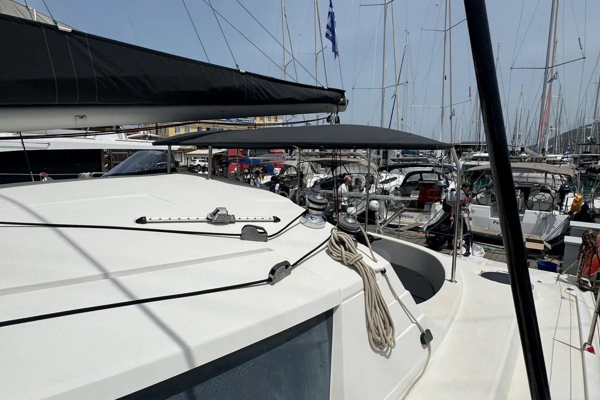 Deck of Artemis K, a Fountaine Pajot Belize 43 catamaran at Municipal Unit of Lefkada, Greece