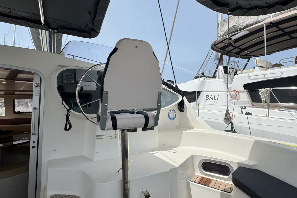 Cockpit of Artemis K, a Fountaine Pajot Belize 43 catamaran at Municipal Unit of Lefkada, Greece