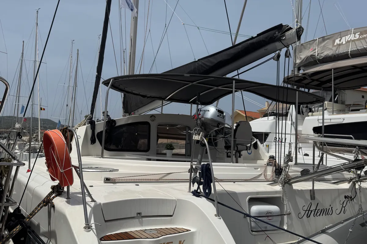Exterior view of Artemis K, a Fountaine Pajot Belize 43 catamaran at Municipal Unit of Lefkada, Greece