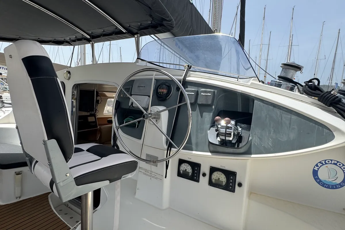 Cockpit of Artemis K, a Fountaine Pajot Belize 43 catamaran at Municipal Unit of Lefkada, Greece