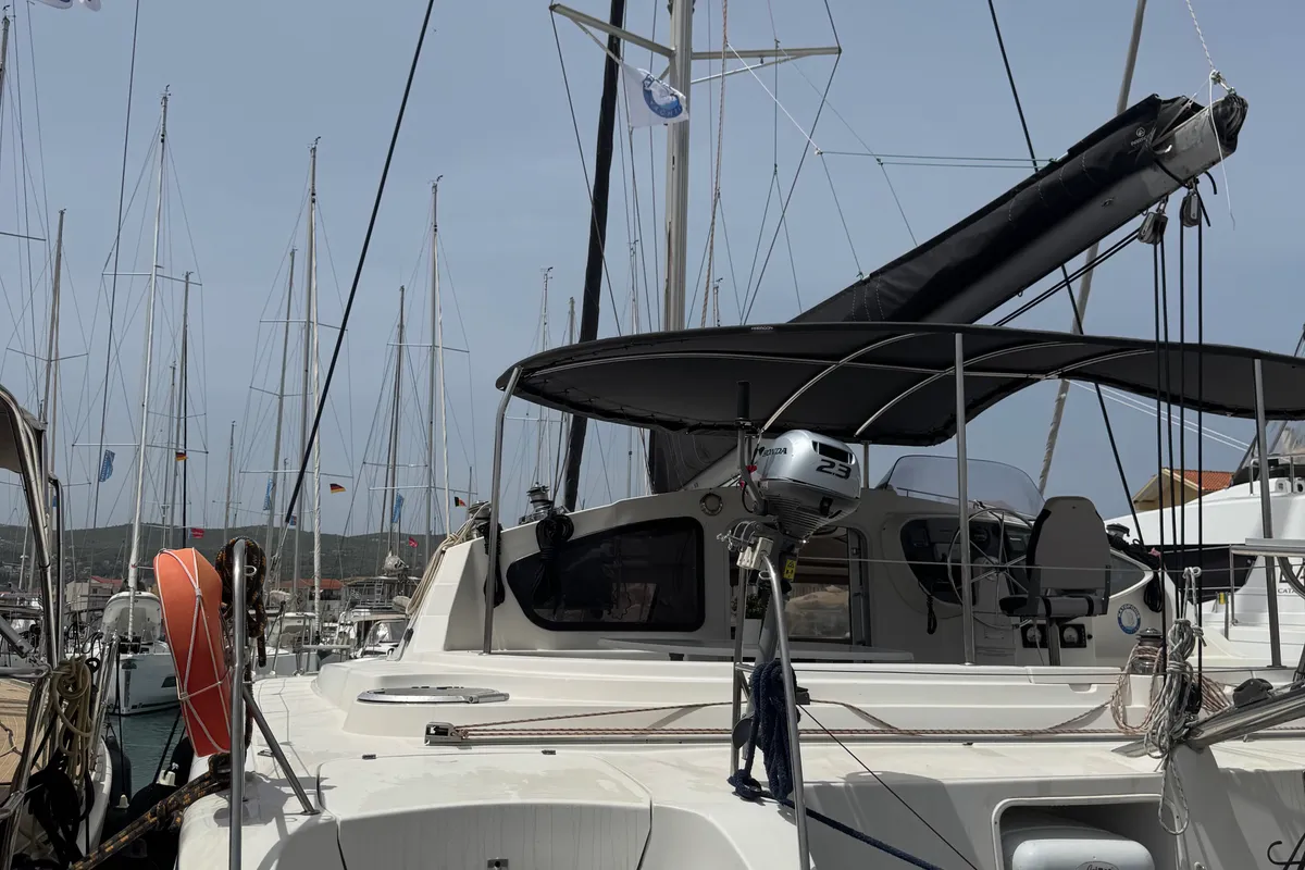 Exterior view of Artemis K, a Fountaine Pajot Belize 43 catamaran at Municipal Unit of Lefkada, Greece