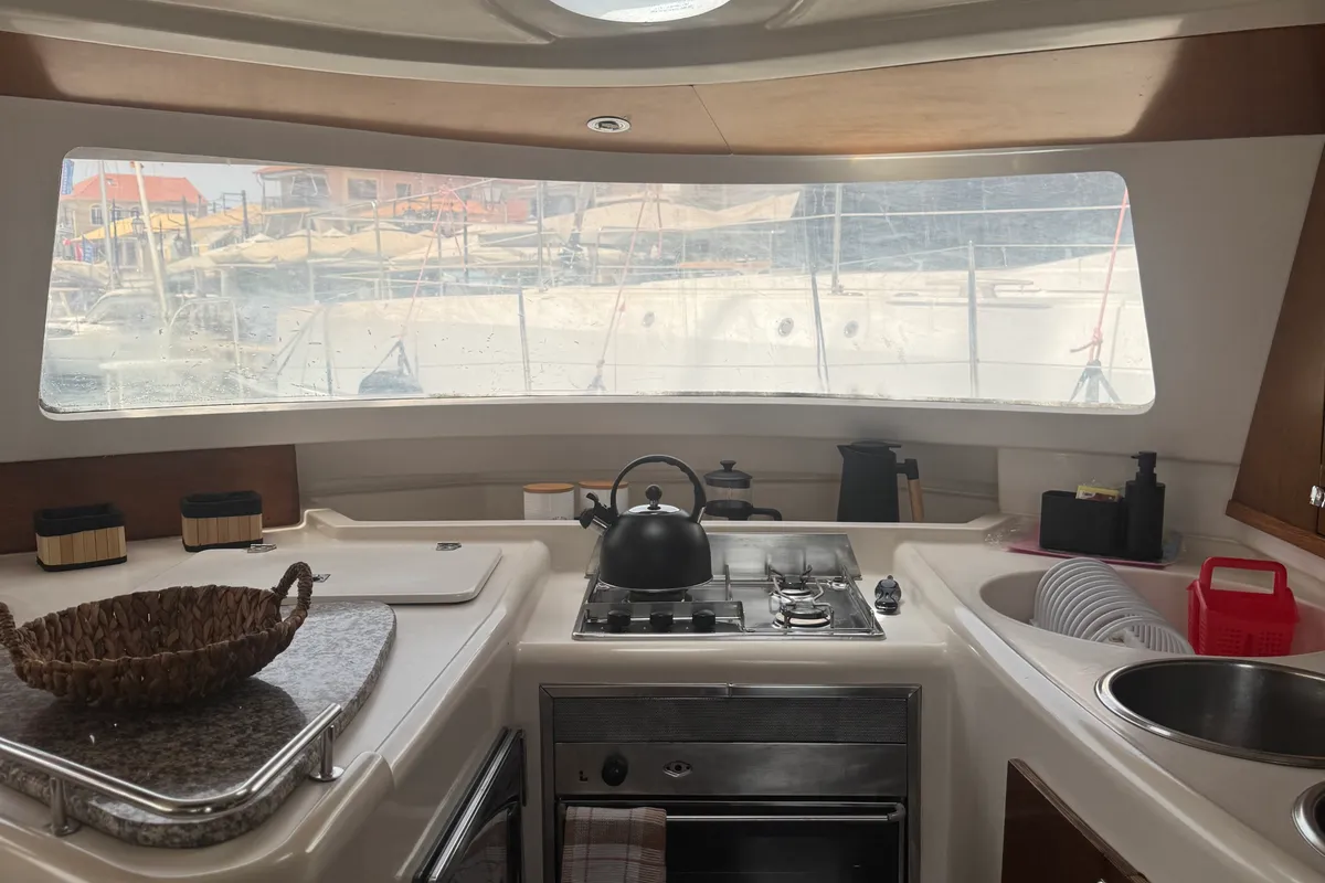 Galley of Artemis K, a Fountaine Pajot Belize 43 catamaran at Municipal Unit of Lefkada, Greece