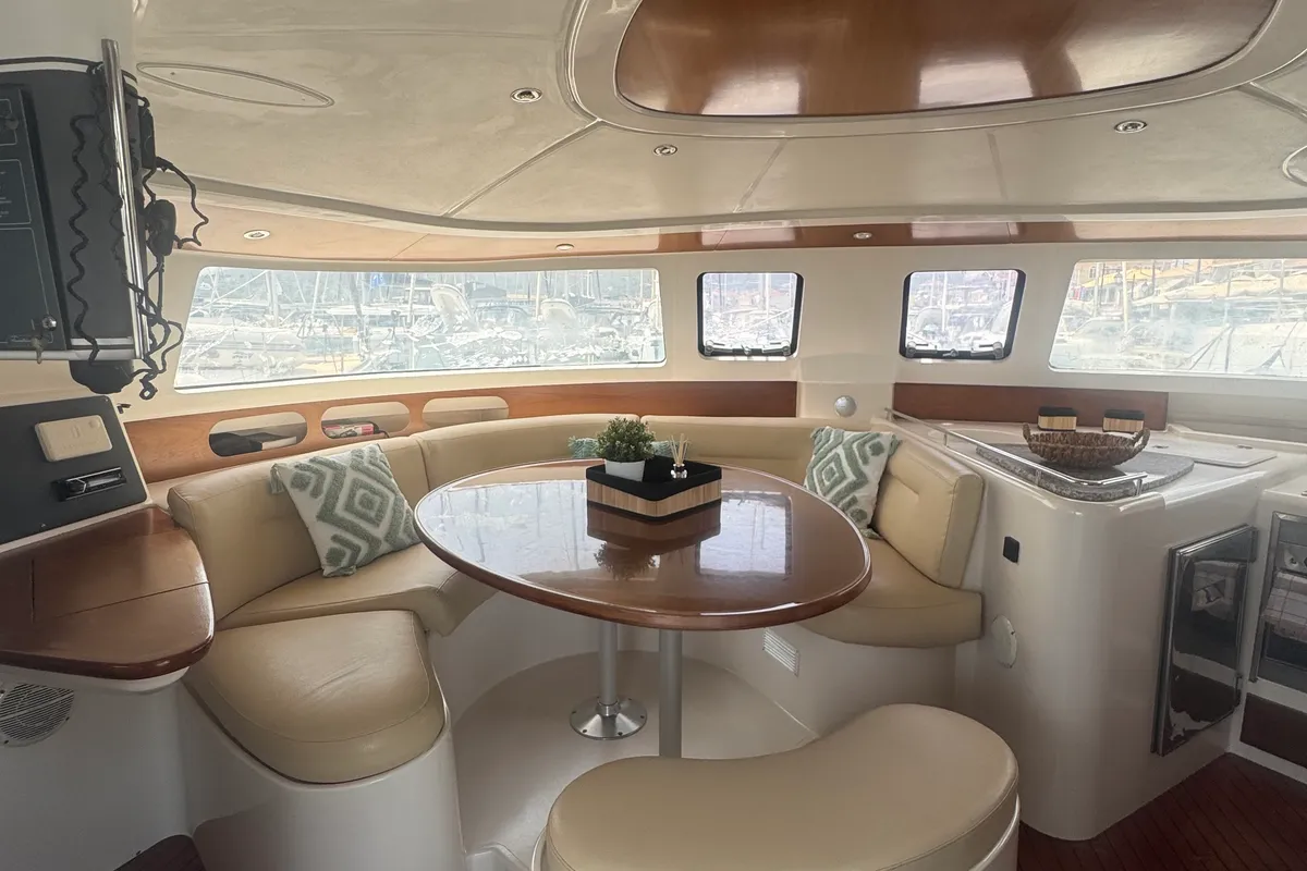 Salon of Artemis K, a Fountaine Pajot Belize 43 catamaran at Municipal Unit of Lefkada, Greece