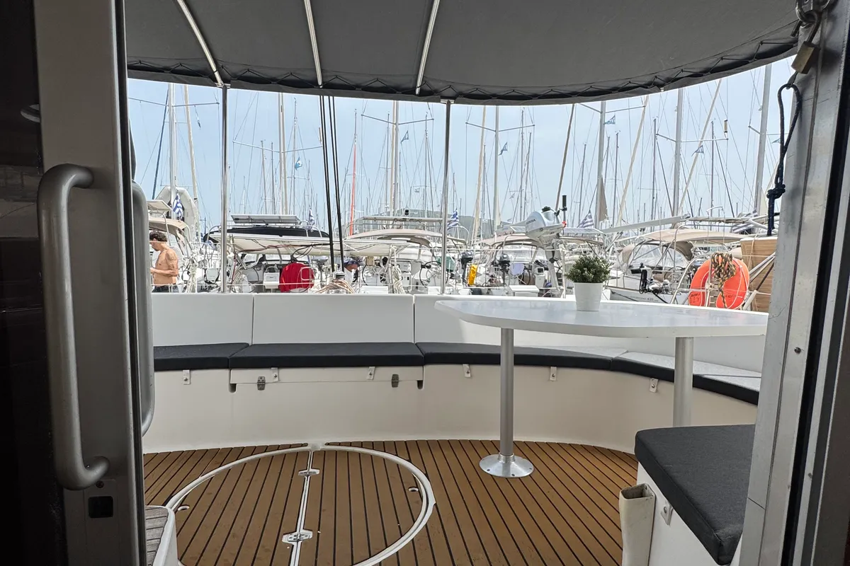Deck of Artemis K, a Fountaine Pajot Belize 43 catamaran at Municipal Unit of Lefkada, Greece