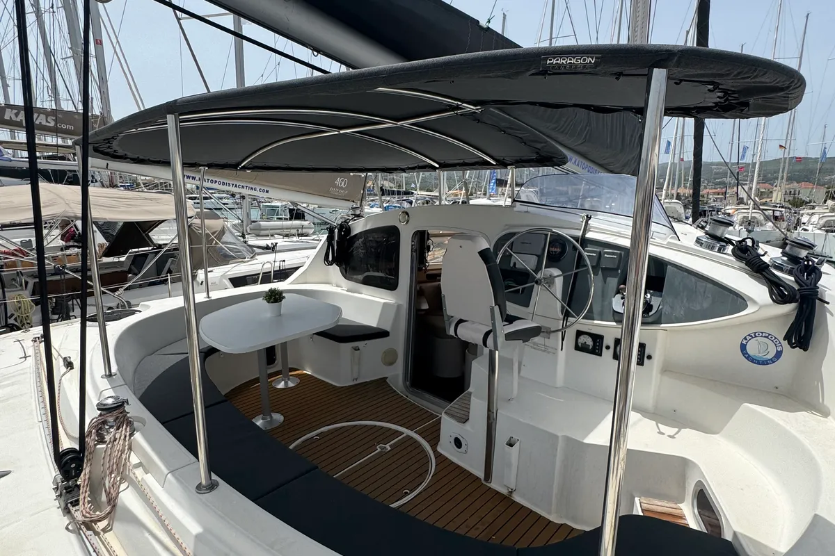Cockpit of Artemis K, a Fountaine Pajot Belize 43 catamaran at Municipal Unit of Lefkada, Greece