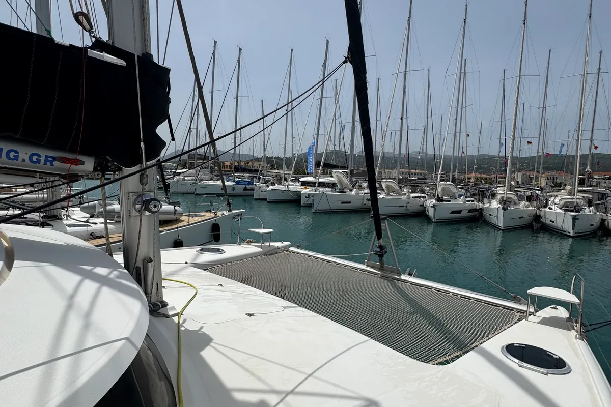 Deck of Artemis K, a Fountaine Pajot Belize 43 catamaran at Municipal Unit of Lefkada, Greece