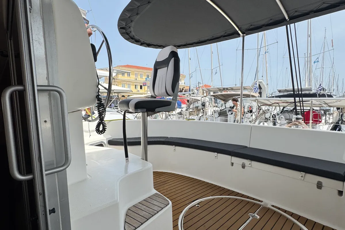 Cockpit of Artemis K, a Fountaine Pajot Belize 43 catamaran at Municipal Unit of Lefkada, Greece