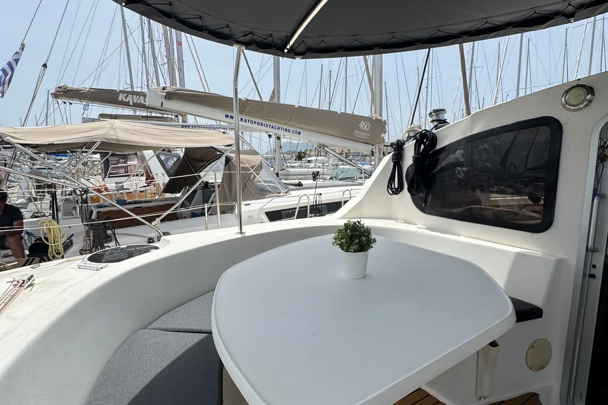 Deck of Artemis K, a Fountaine Pajot Belize 43 catamaran at Municipal Unit of Lefkada, Greece