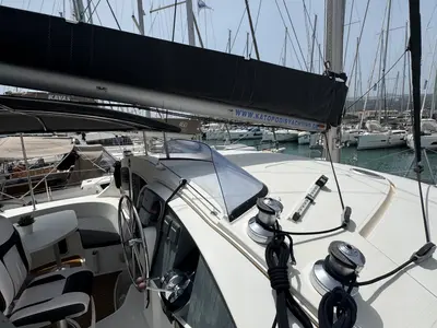 Deck of Artemis K, a Fountaine Pajot Belize 43 catamaran at Municipal Unit of Lefkada, Greece