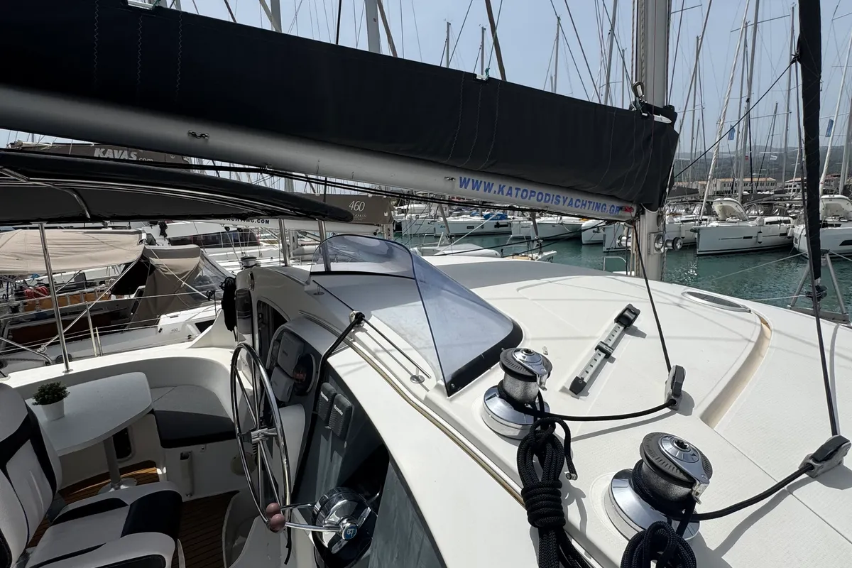 Deck of Artemis K, a Fountaine Pajot Belize 43 catamaran at Municipal Unit of Lefkada, Greece