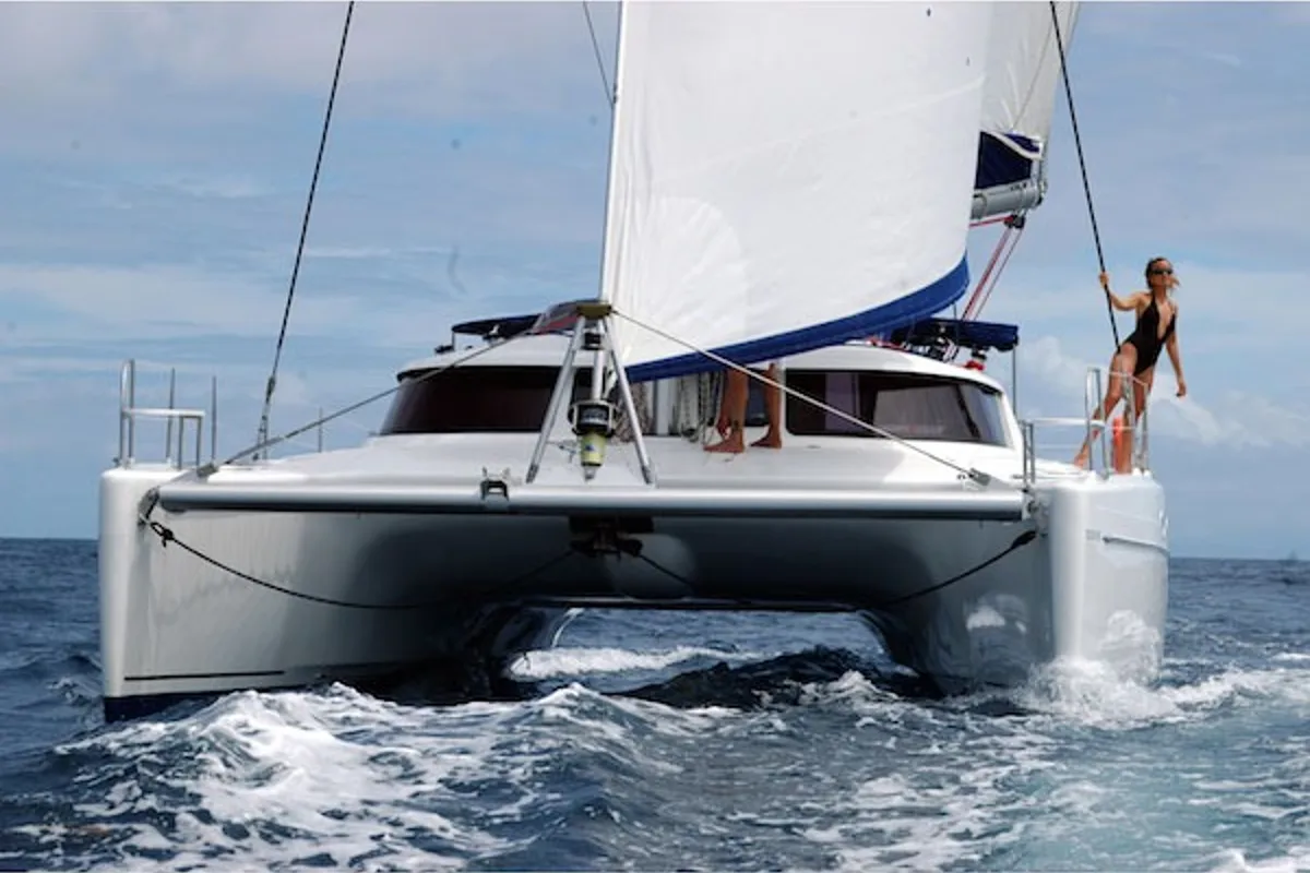 Exterior view of Artemis K, a Fountaine Pajot Belize 43 catamaran at Municipal Unit of Lefkada, Greece