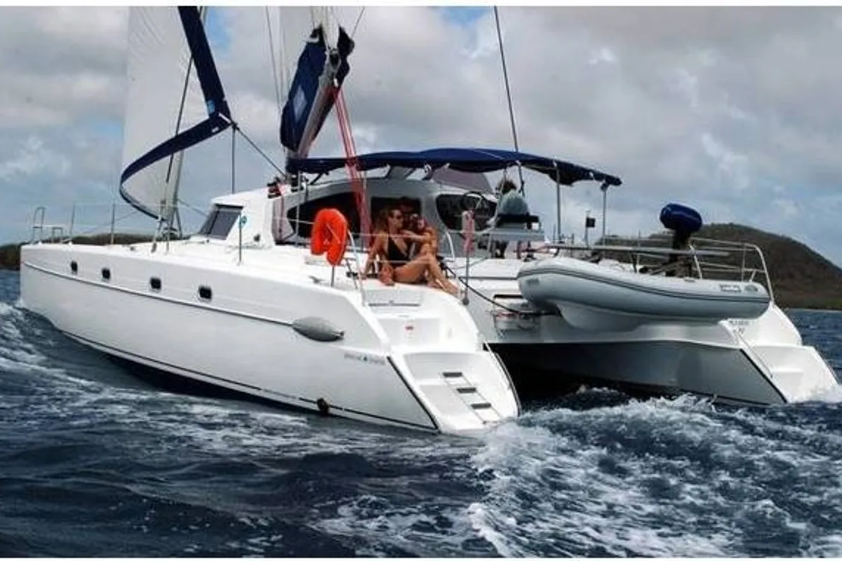 Exterior view of Artemis K, a Fountaine Pajot Belize 43 catamaran at Municipal Unit of Lefkada, Greece