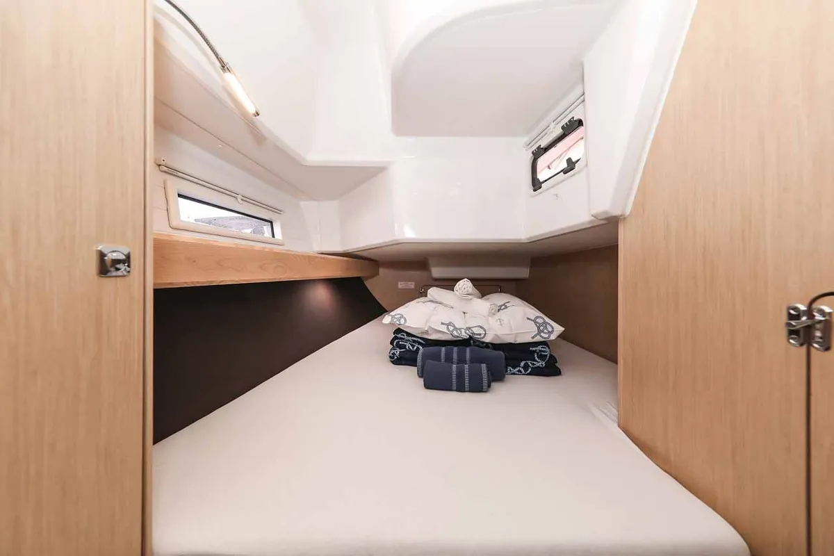 Cabin on Pura Vida, a Bavaria Cruiser 37 Style sailboat at Grad Trogir, Croatia
