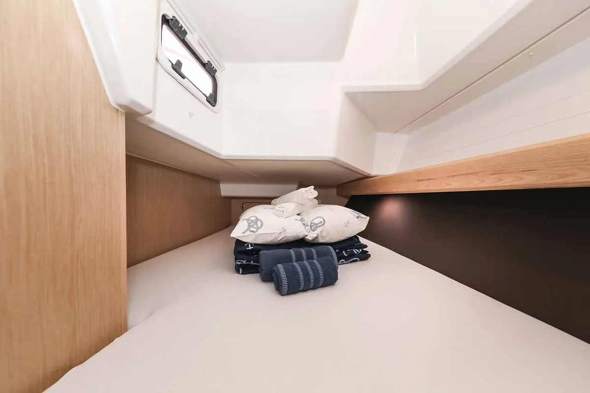 Cabin on Pura Vida, a Bavaria Cruiser 37 Style sailboat at Grad Trogir, Croatia