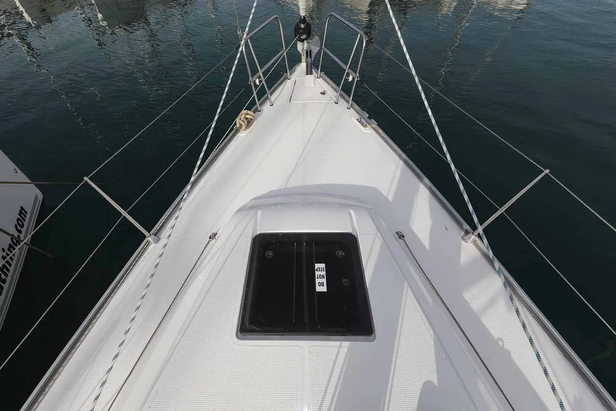 Deck of Pura Vida, a Bavaria Cruiser 37 Style sailboat at Grad Trogir, Croatia