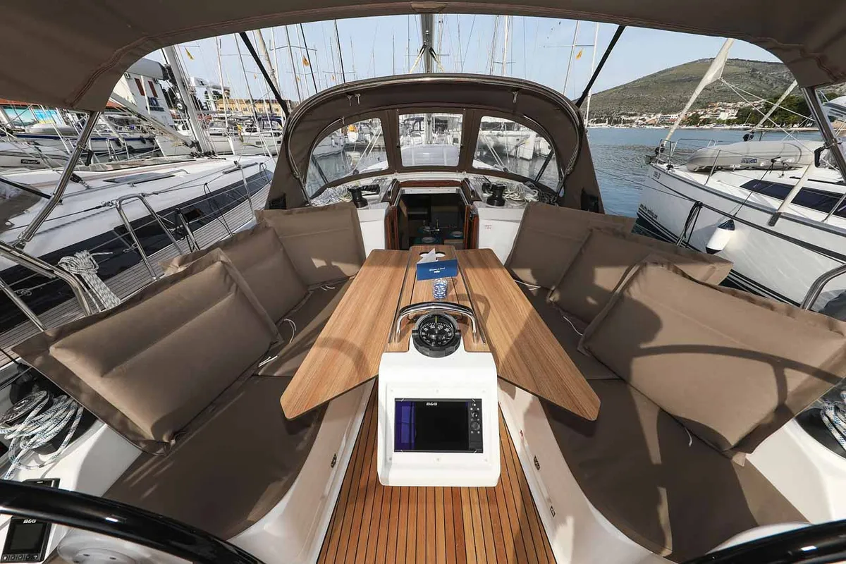Deck of Pura Vida, a Bavaria Cruiser 37 Style sailboat at Grad Trogir, Croatia