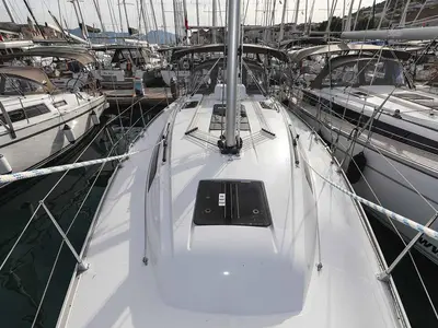 Deck of Pura Vida, a Bavaria Cruiser 37 Style sailboat at Grad Trogir, Croatia