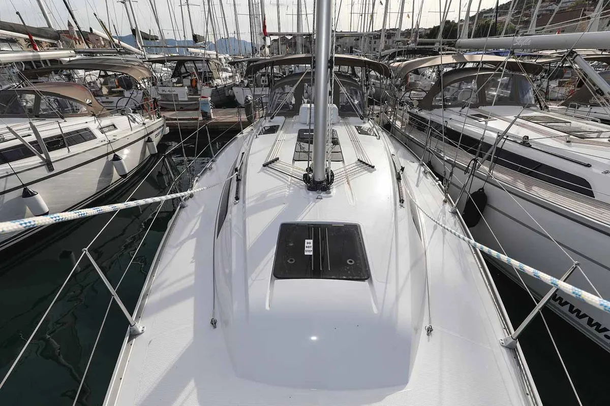 Deck of Pura Vida, a Bavaria Cruiser 37 Style sailboat at Grad Trogir, Croatia