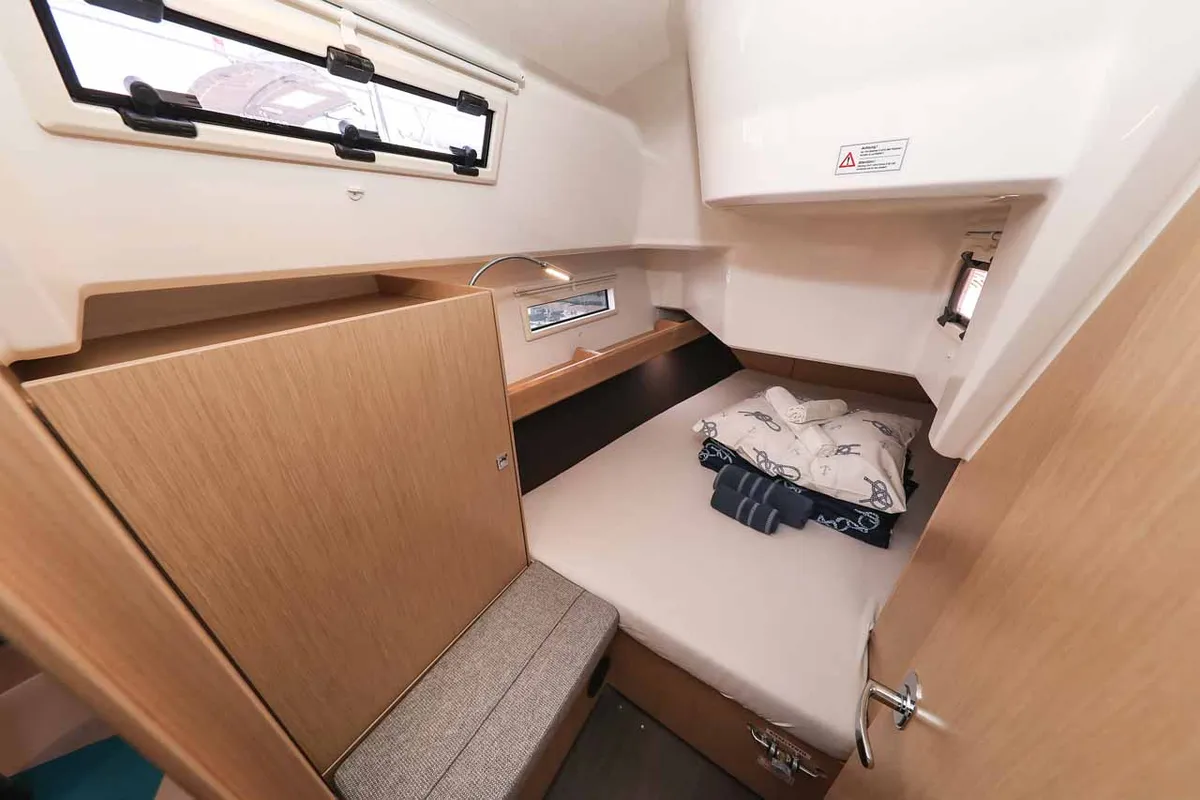 Cabin on Pura Vida, a Bavaria Cruiser 37 Style sailboat at Grad Trogir, Croatia