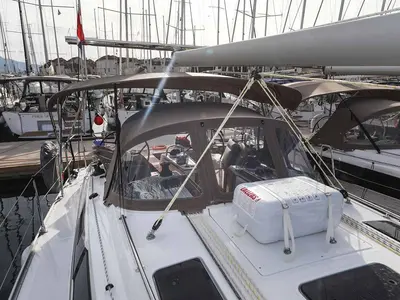 Cockpit of Pura Vida, a Bavaria Cruiser 37 Style sailboat at Grad Trogir, Croatia