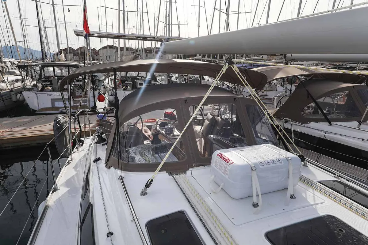 Cockpit of Pura Vida, a Bavaria Cruiser 37 Style sailboat at Grad Trogir, Croatia