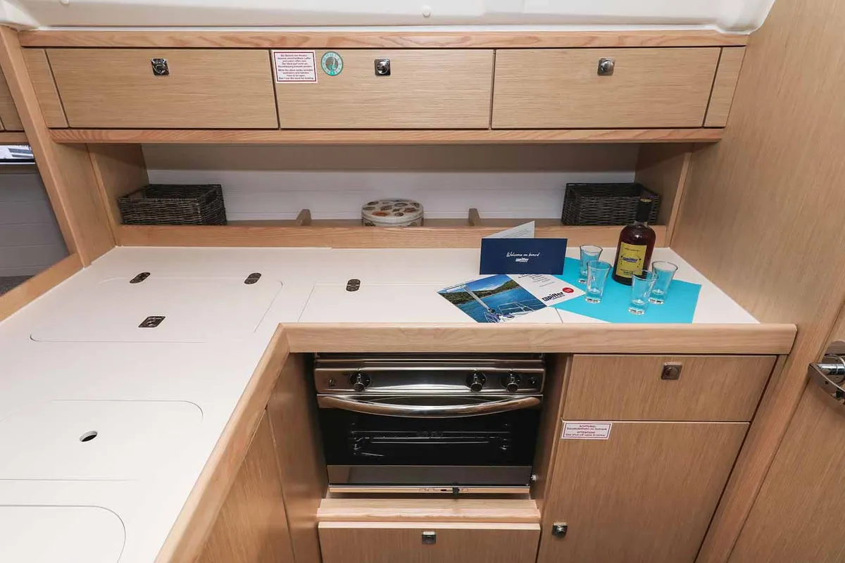 Galley of Pura Vida, a Bavaria Cruiser 37 Style sailboat at Grad Trogir, Croatia